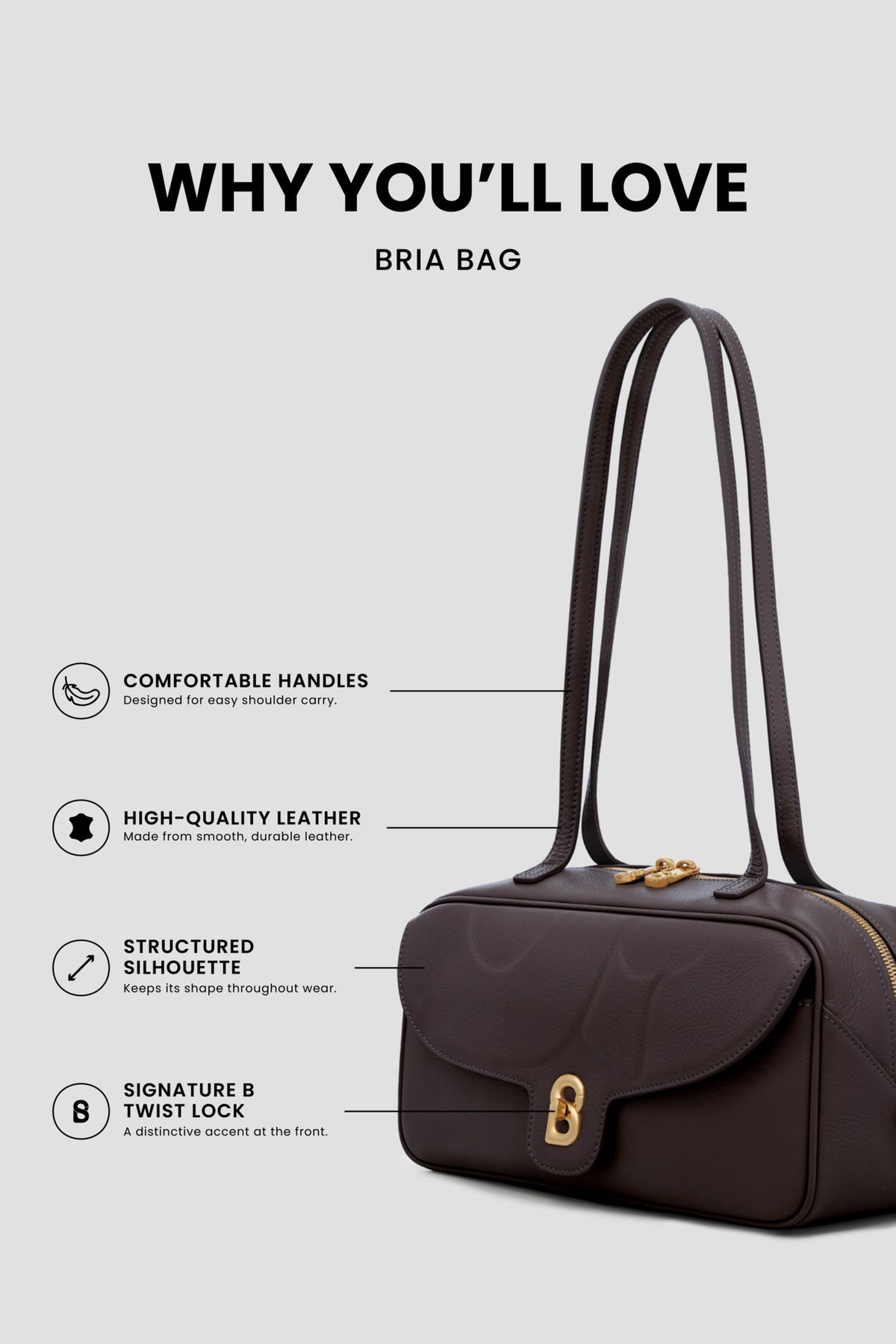 bria shoulder bag in dark brown by buttonscarves feature overview