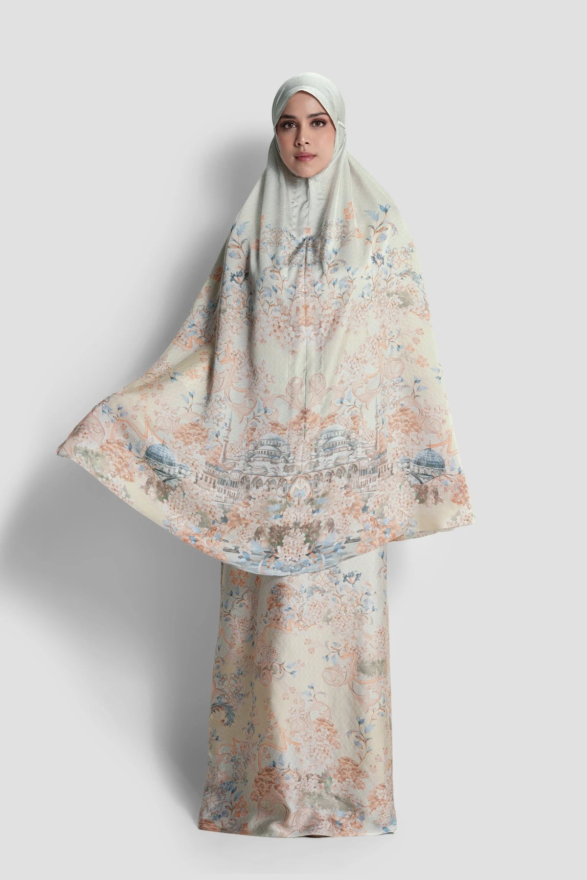 istanbul satin silk prayer robe in dallah by buttonscarves front view