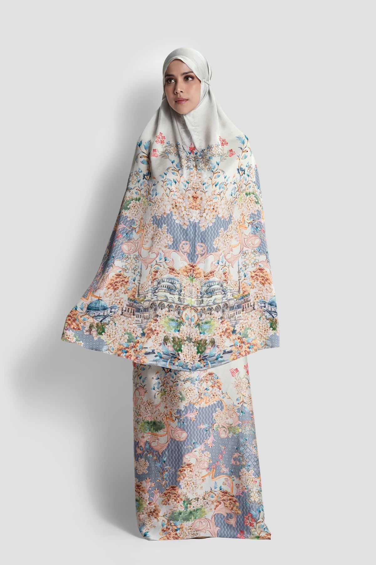 istanbul satin silk prayer robe in hagia by buttonscarves front view