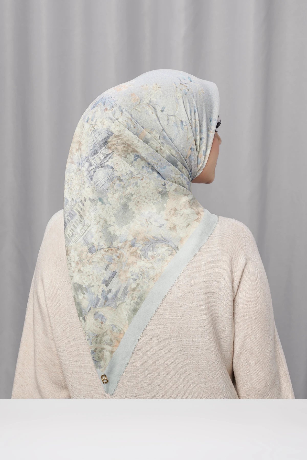 istanbul printed square scarf in dove by buttonscarves back view
