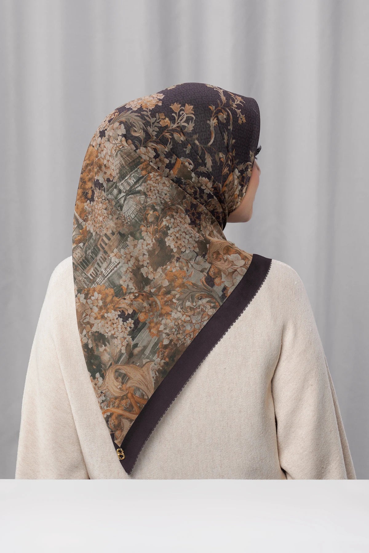 istanbul printed square scarf in kahve by buttonscarves back view