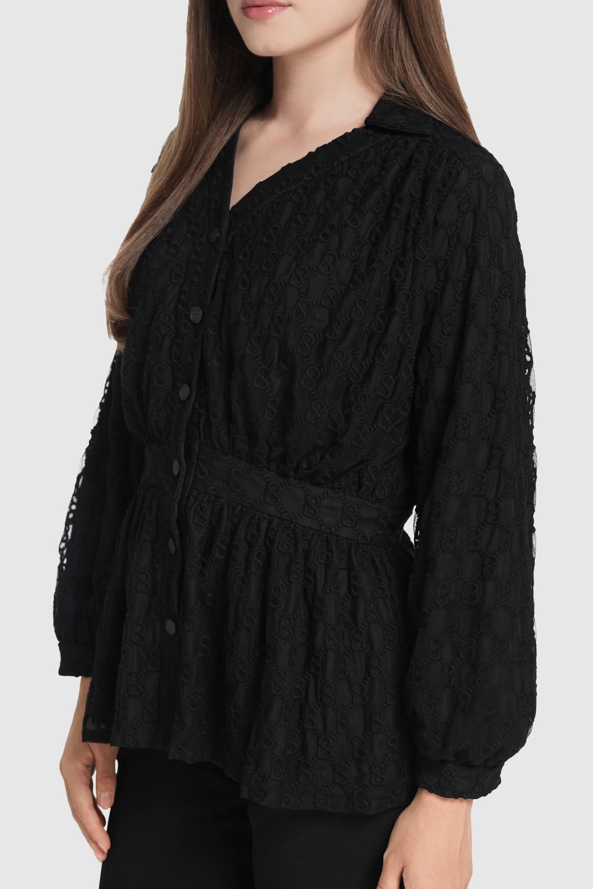 Monogram Lace Puff Shirt - Black