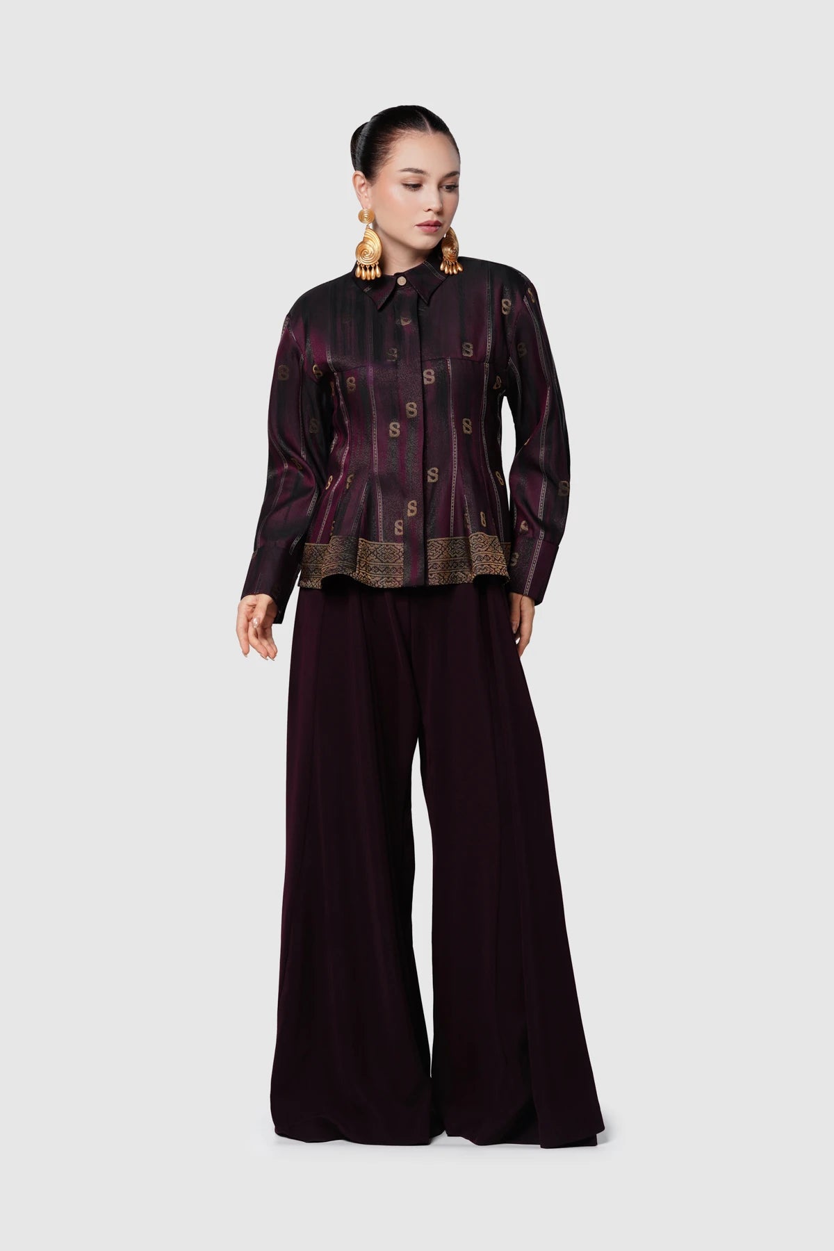 Songket Peplum Shirt - Maroon