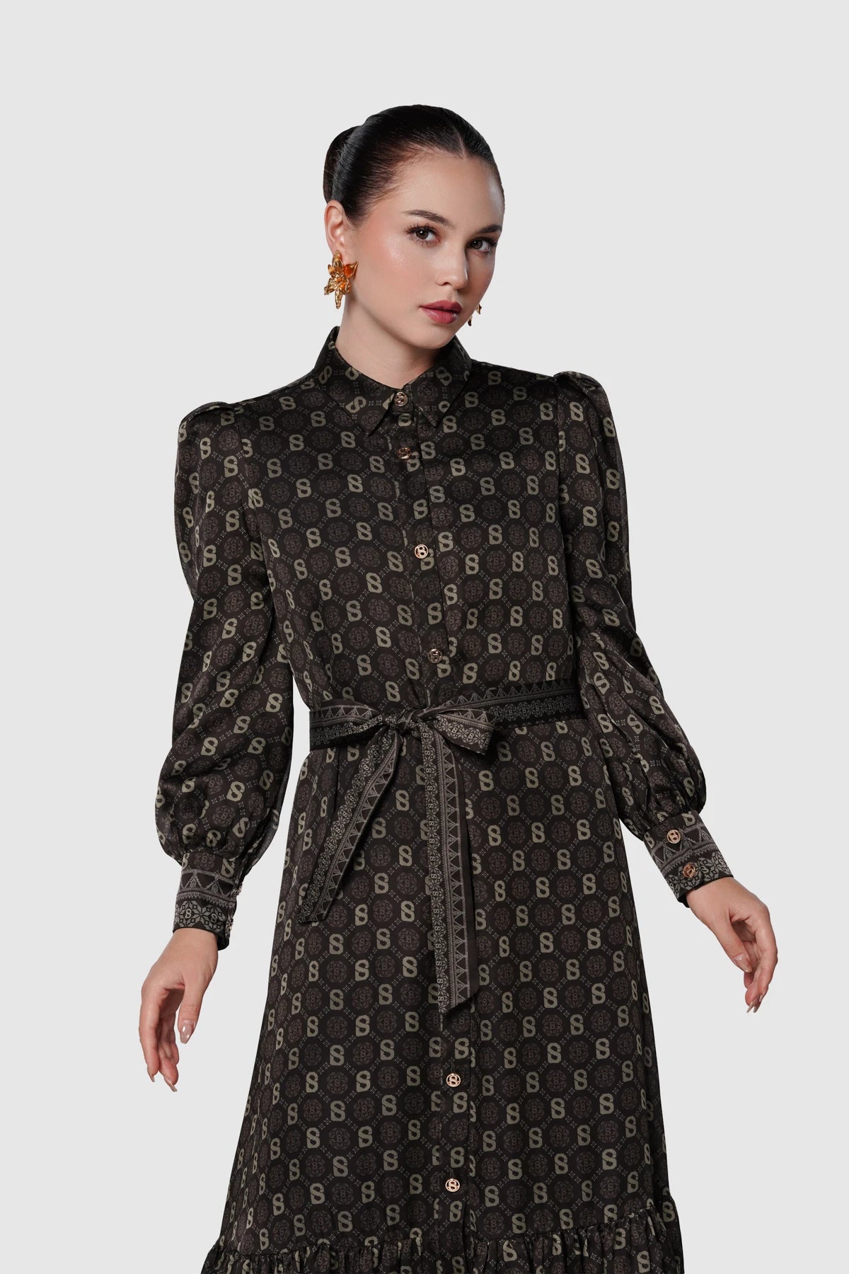 Songket Puff Shirt Dress - Brown