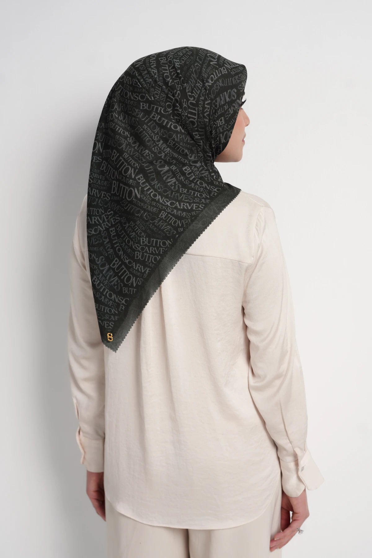 waves monogram printed square scarf in caviar by buttonscarves back view