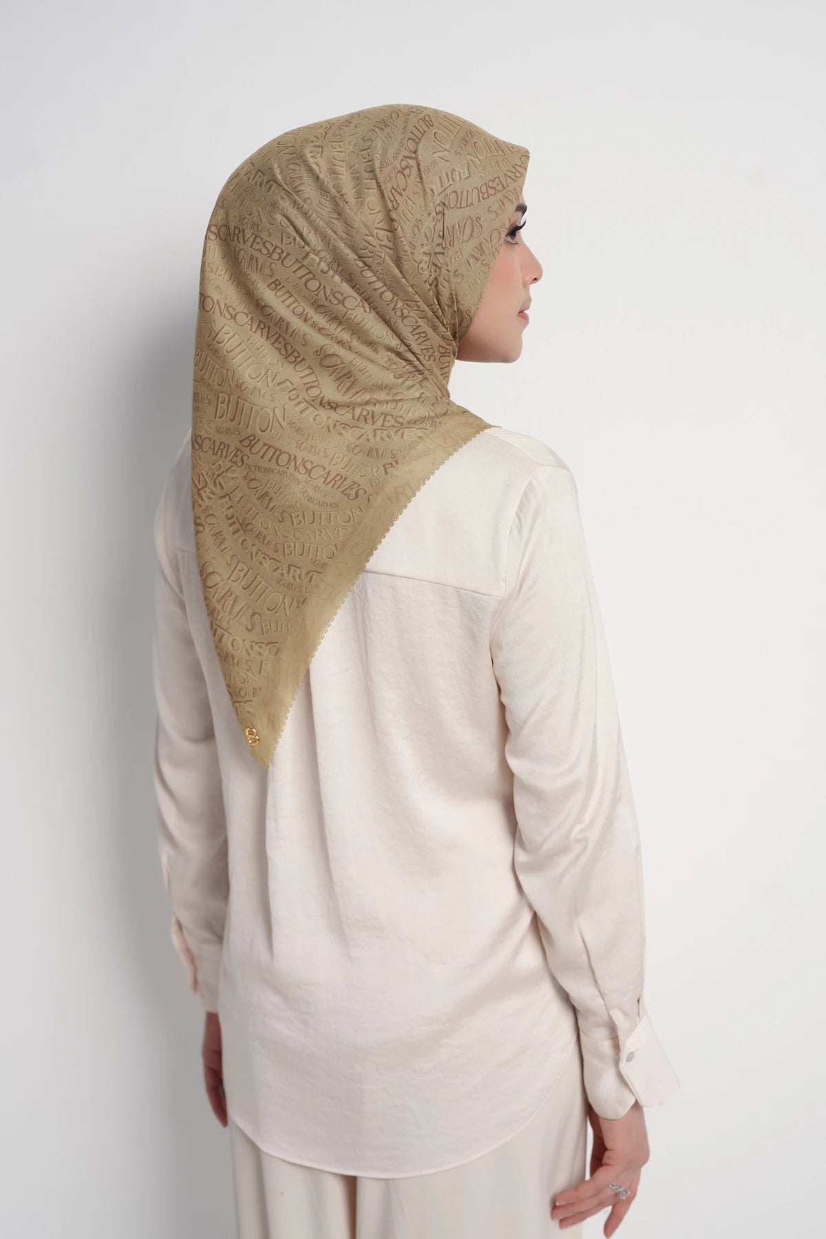 waves monogram printed square scarf in prairie sand by buttonscarves back view