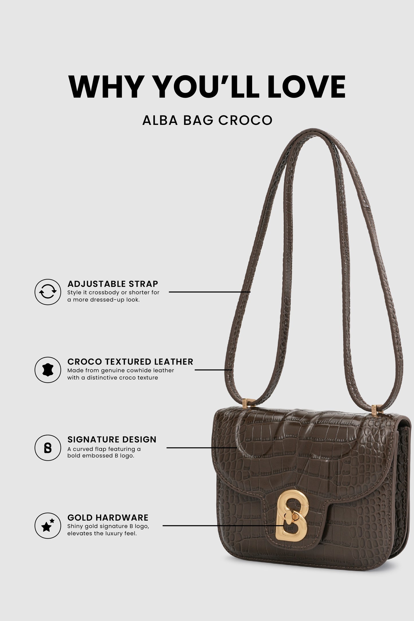 Alba Bag - Dark Mocha in Croco