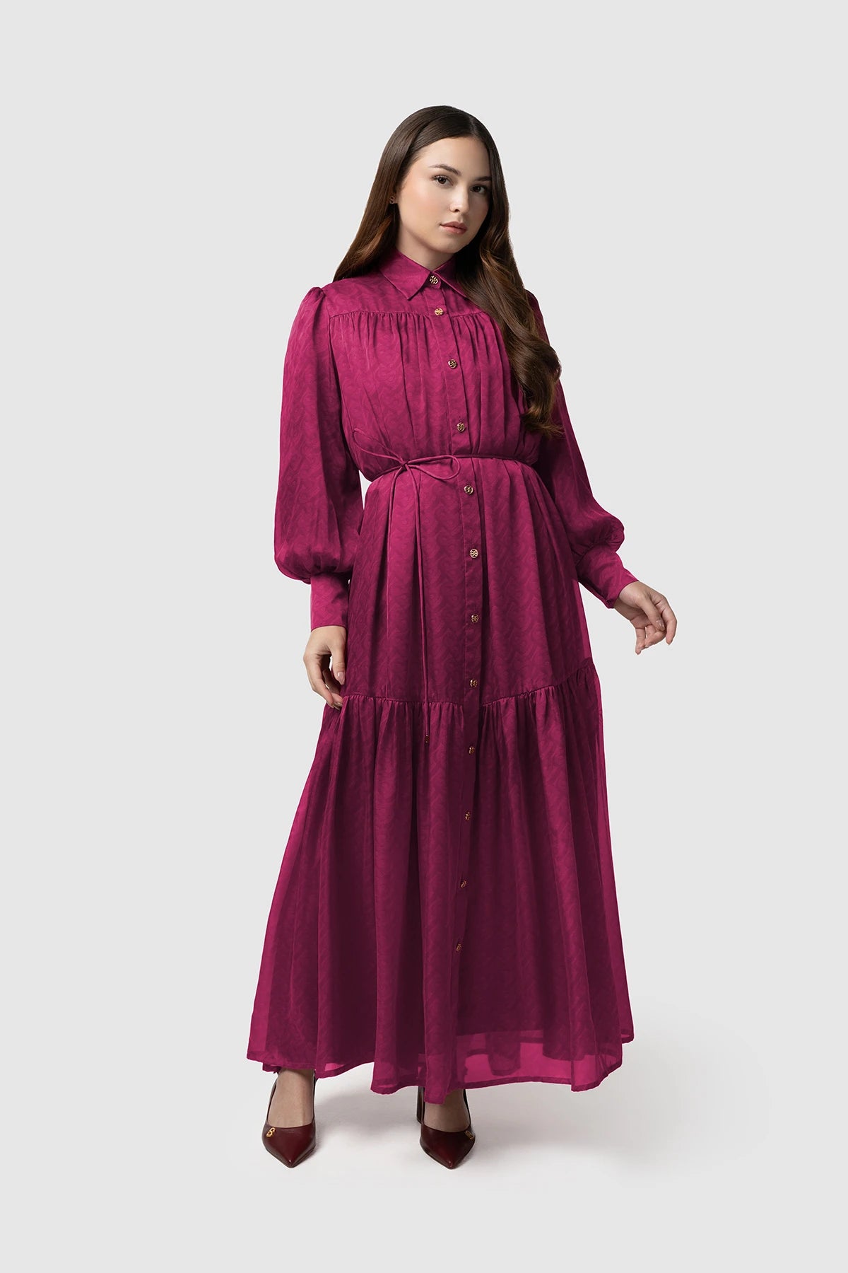 Tropical26 Ruffle Dress - Burgundy