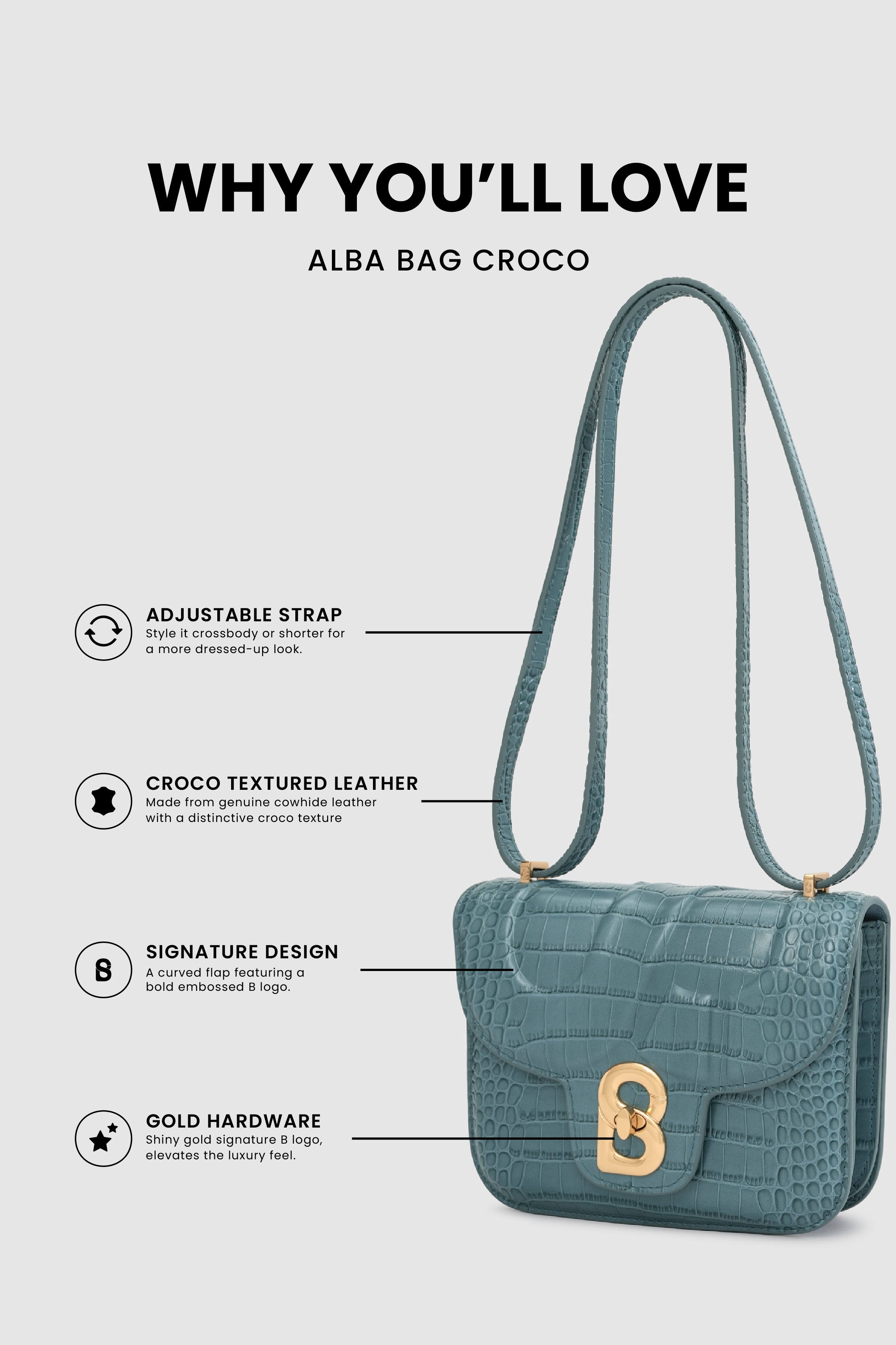 Alba Bag - Dusty Blue in Croco