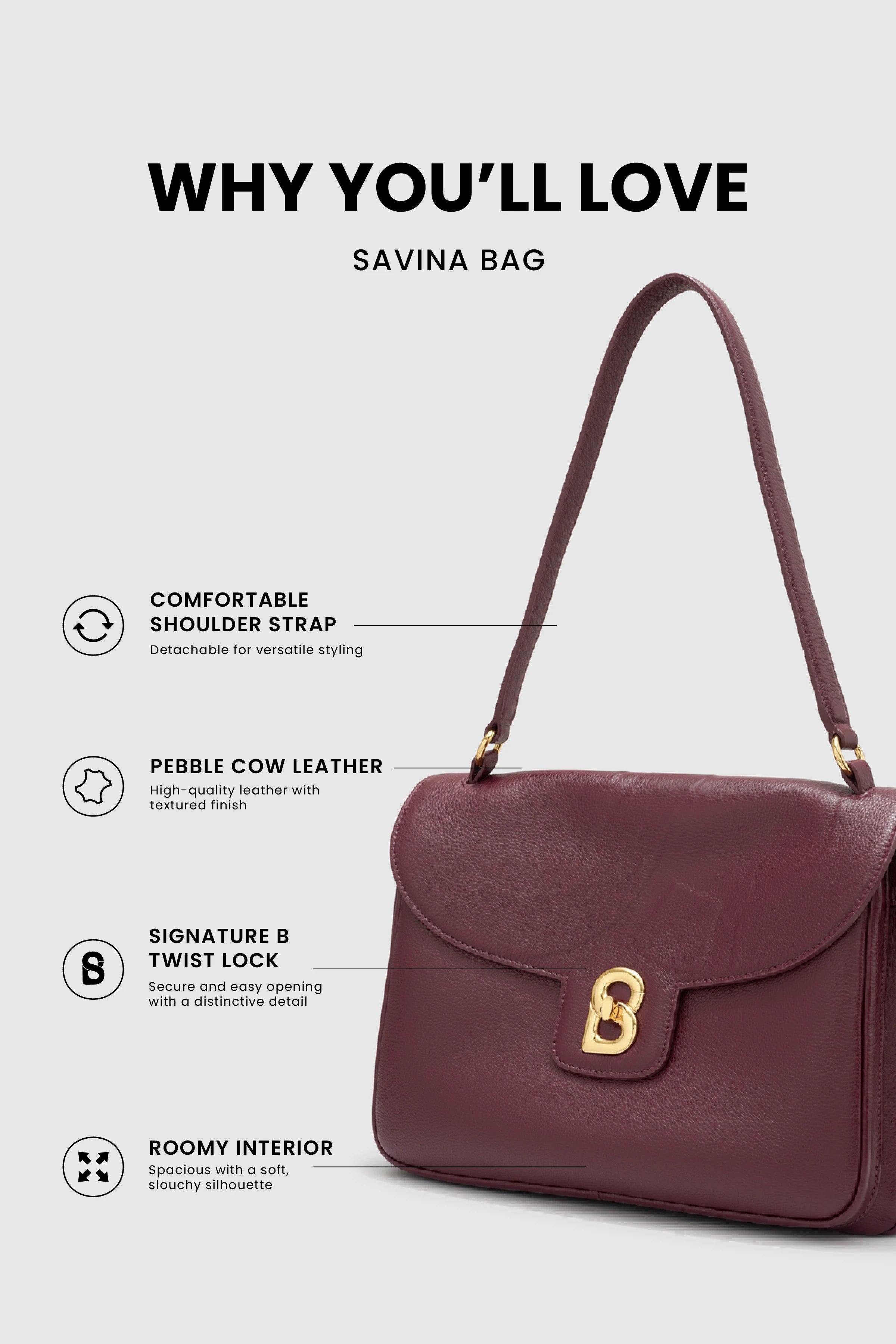 Savina Bag - Pebble Leather - Dark Cherry