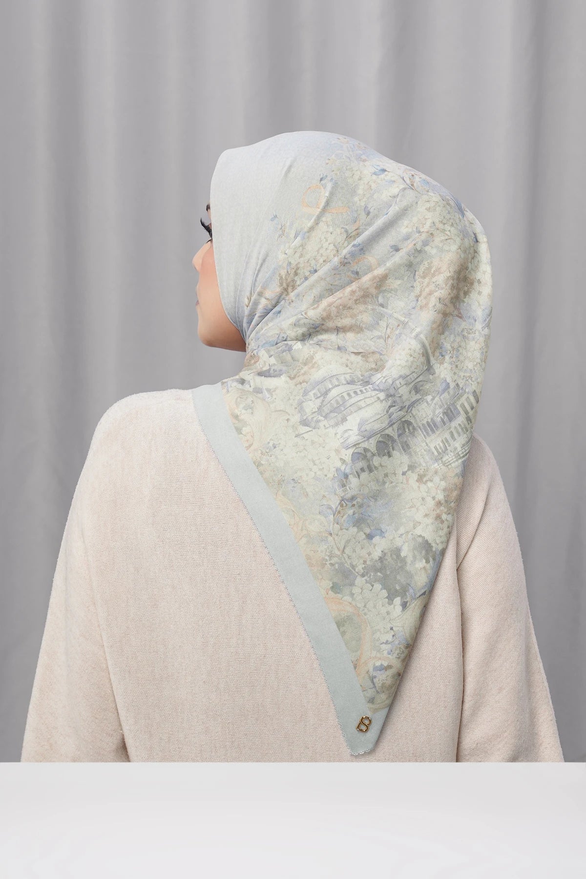 istanbul printed square scarf in dove by buttonscarves back view