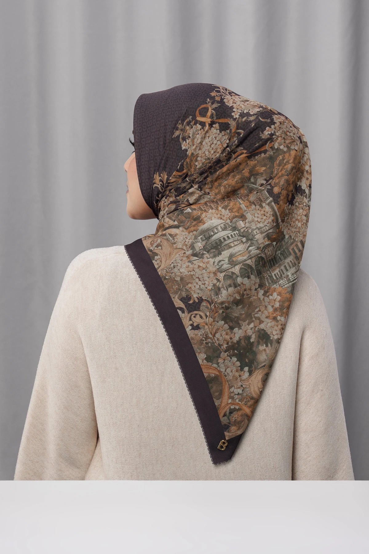 istanbul printed square scarf in kahve by buttonscarves back view