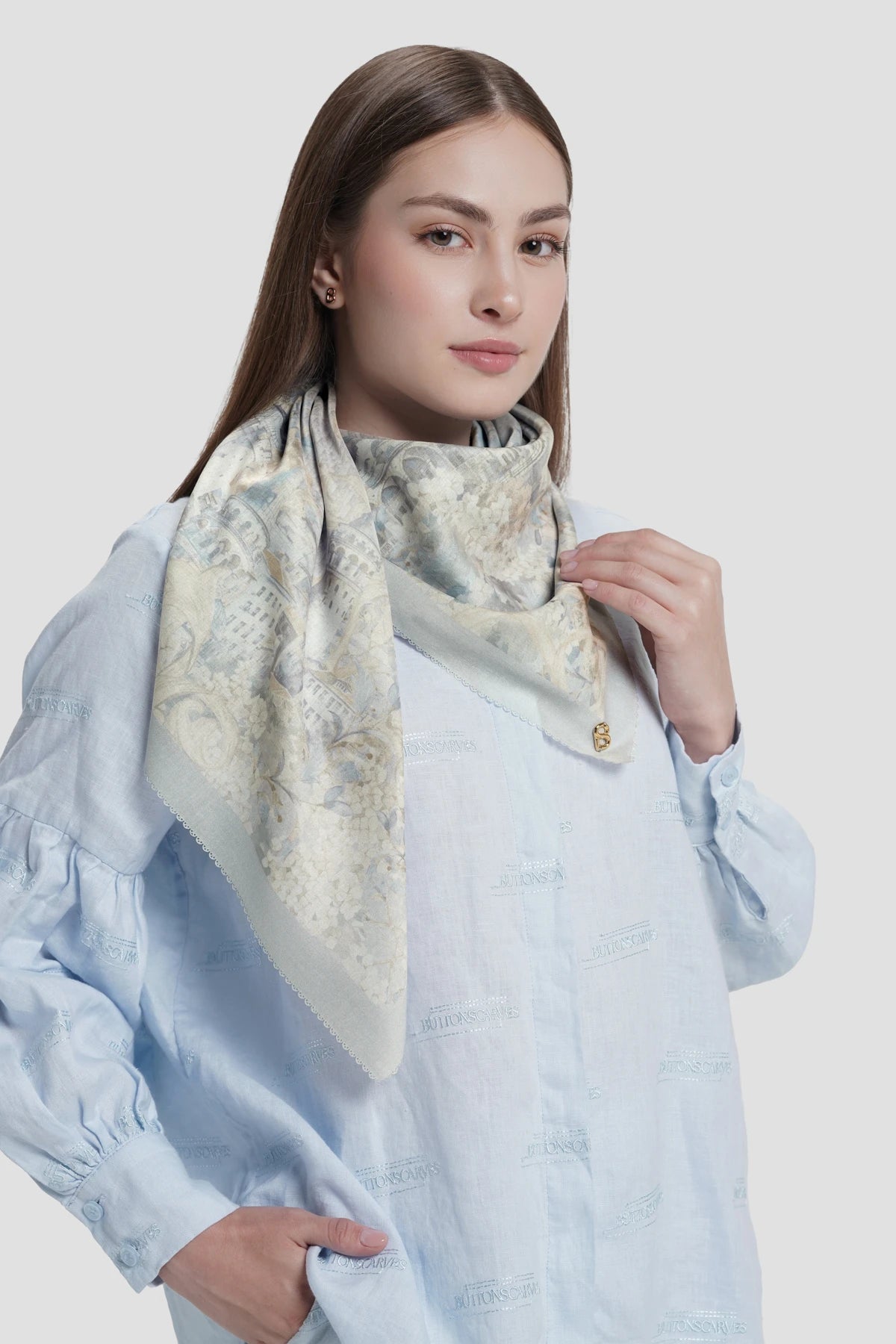 istanbul printed square scarf in dove by buttonscarves style look