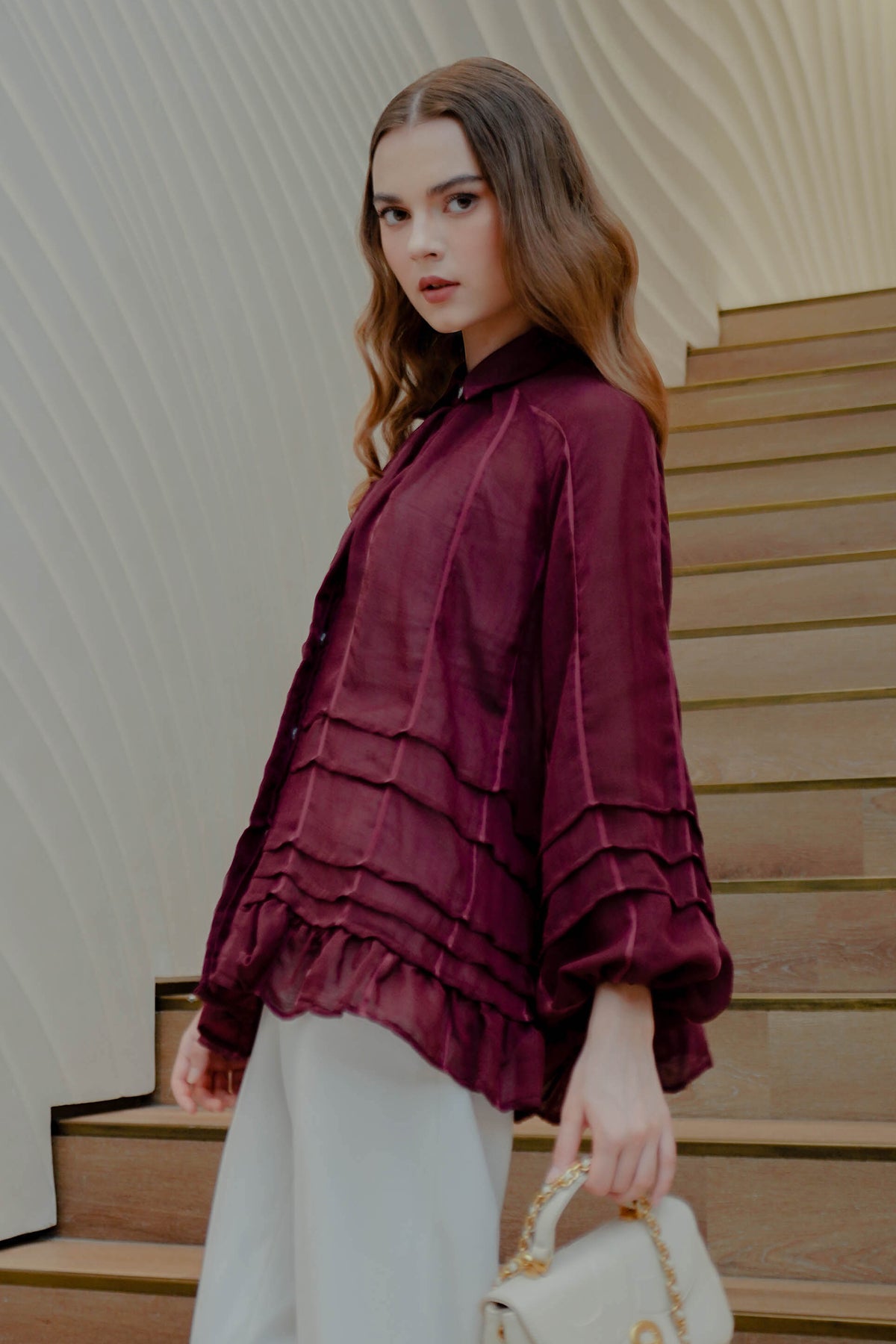 Anzy Shirt With Pleated Detail - Maroon