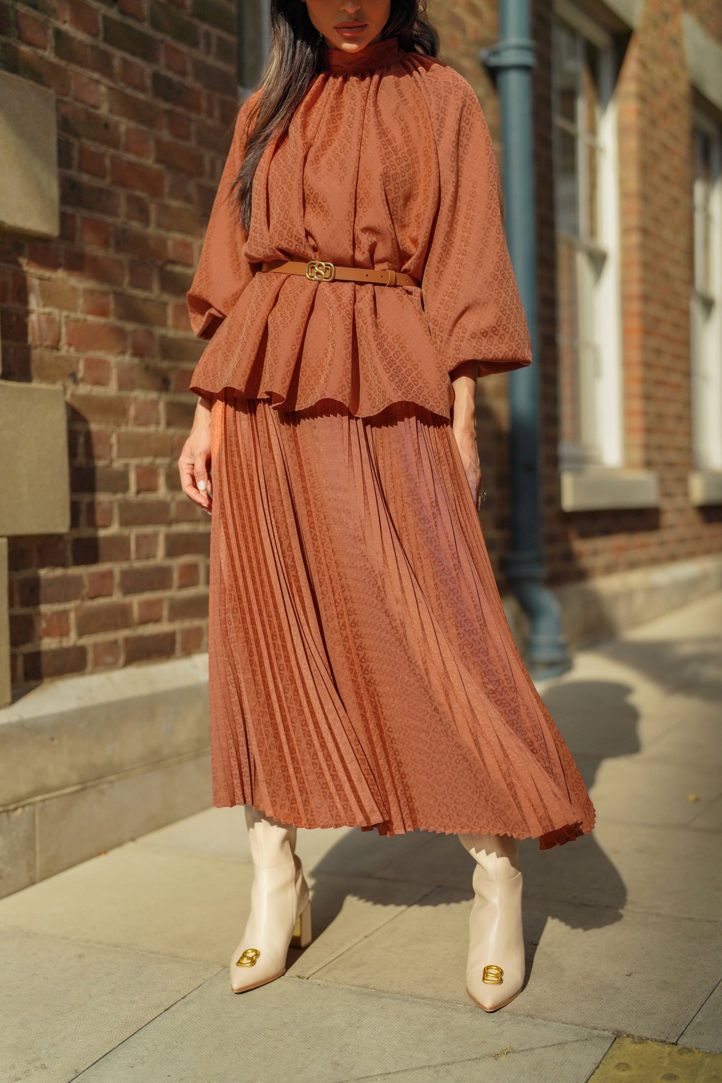 Monogram Embossed Pleated Skirt - Terracotta