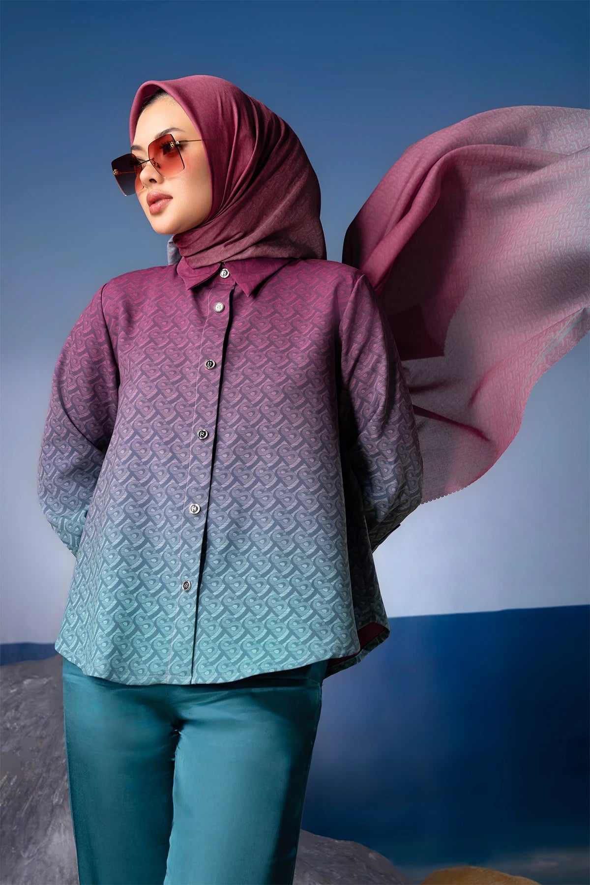 tropical26 basic shirt in fuchsia/teal by buttonscarves style look