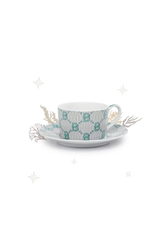 Beverly Monogram Cup and Saucer - Teal