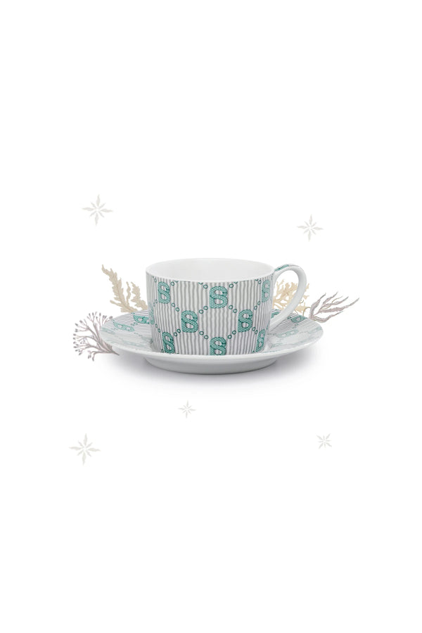 Beverly Monogram Cup and Saucer - Teal