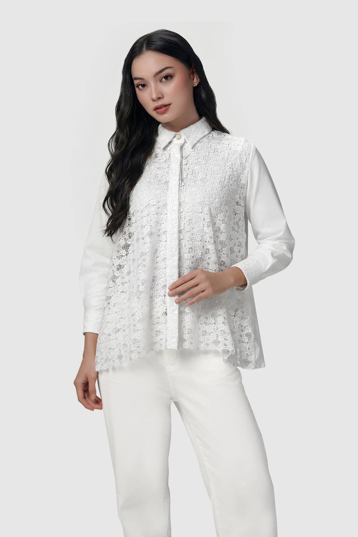 nagita embroidery mix fabric shirt in white by buttonscarves x nagita slavina