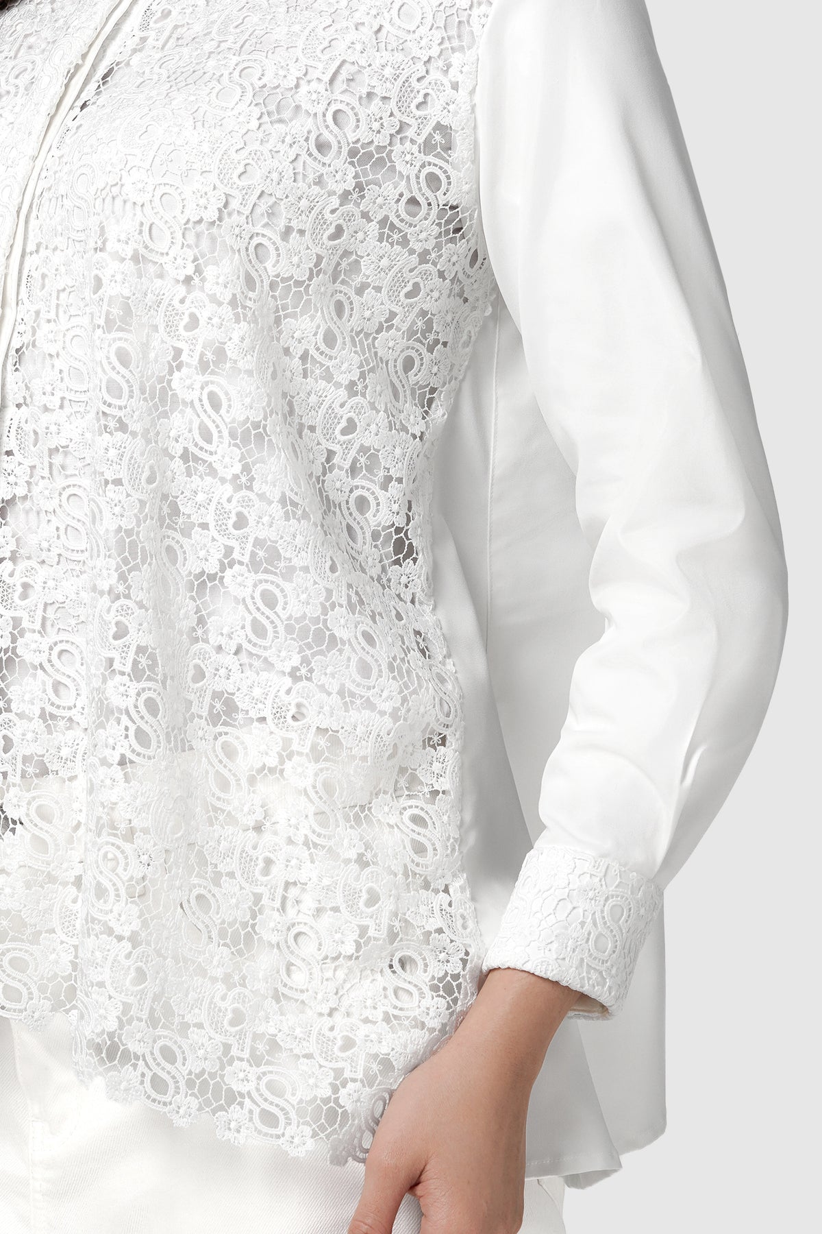 nagita embroidery mix fabric shirt in white by buttonscarves x nagita slavina detail