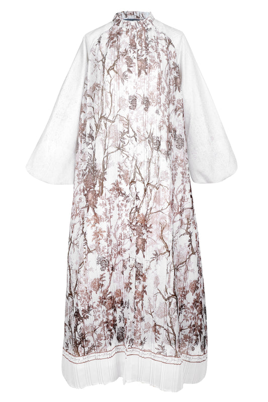 Chinoiserie Pleated Dress - White