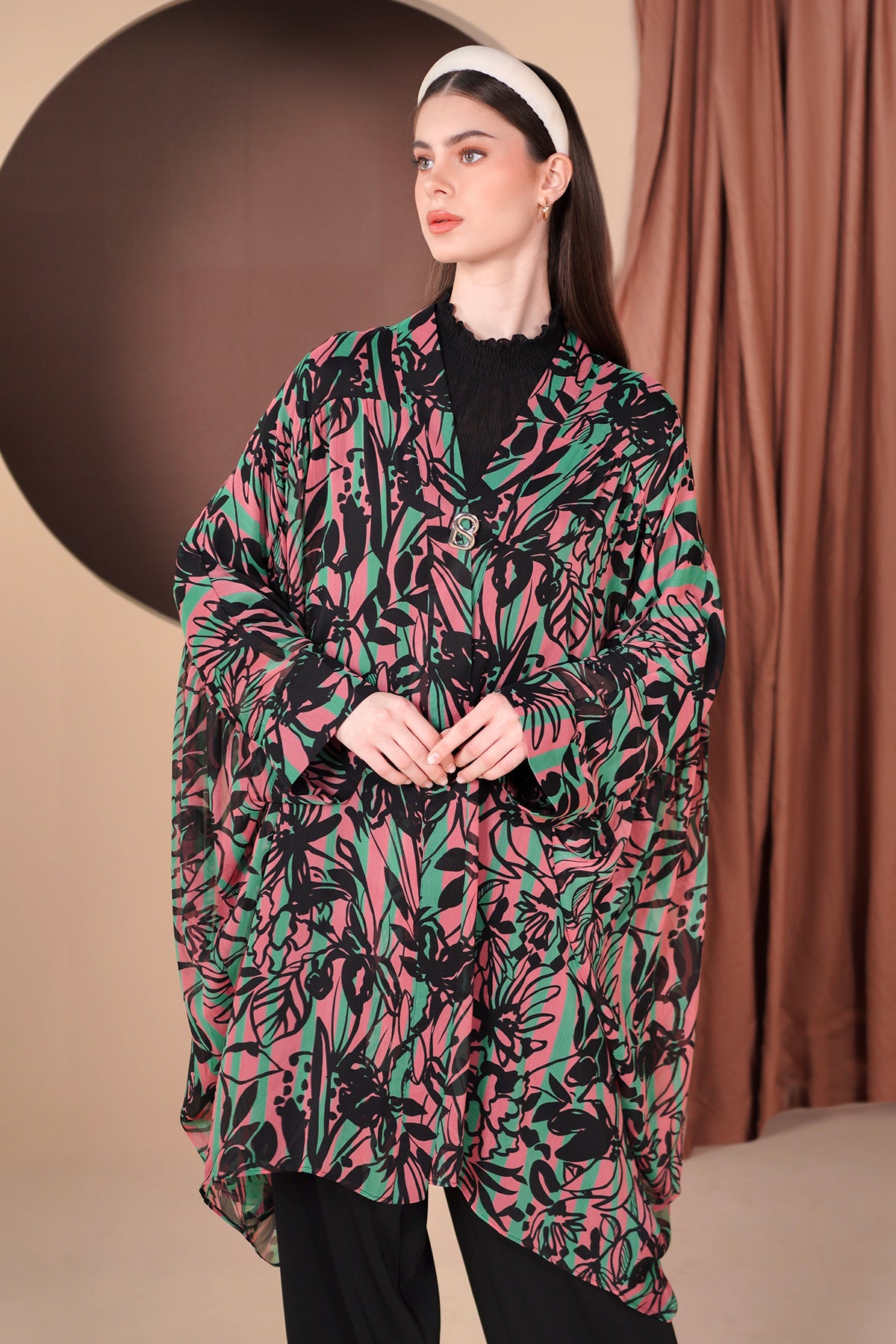 Floral Stripes with Gathers Outer - Black