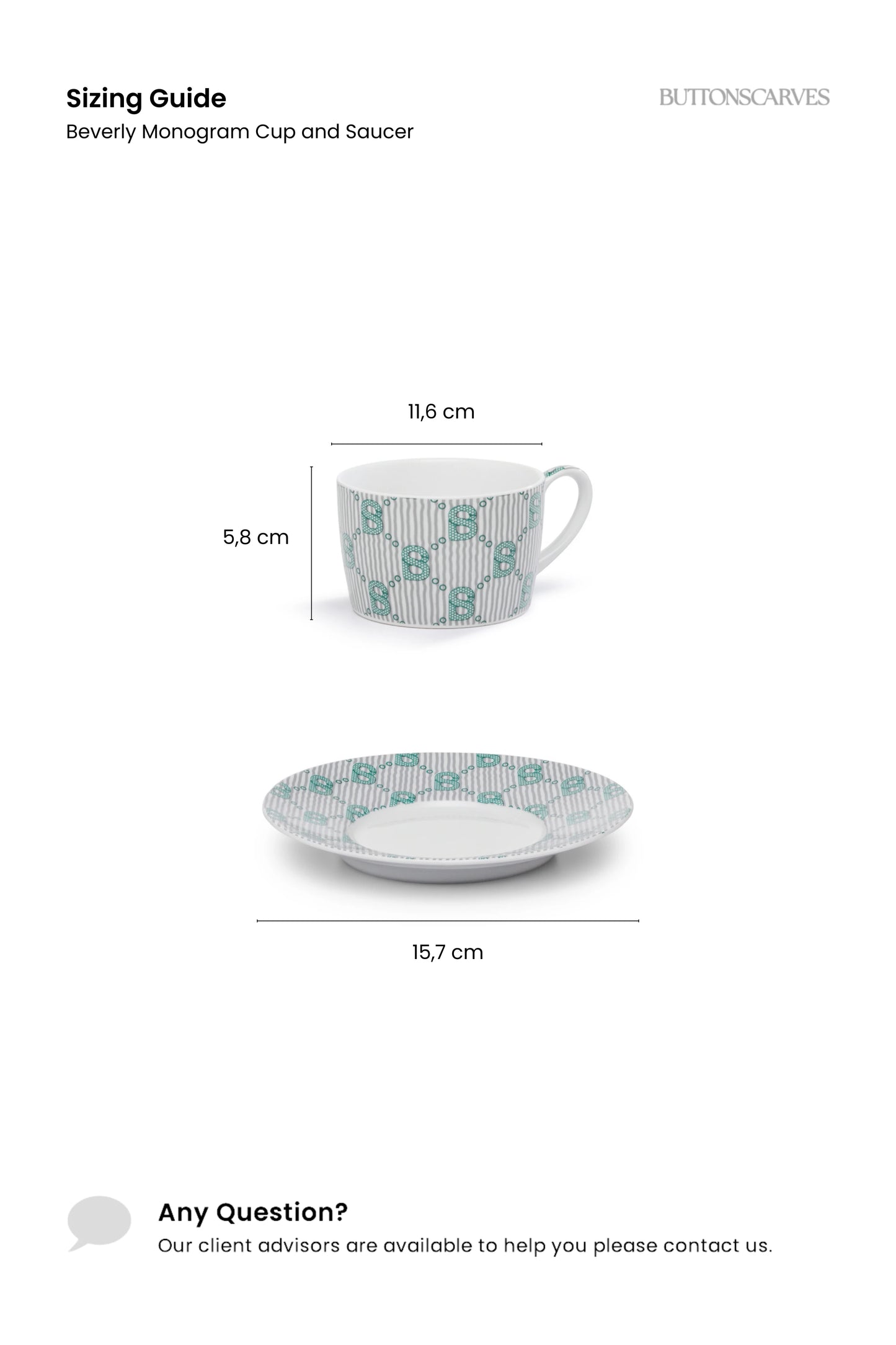 Beverly Monogram Cup and Saucer - Teal