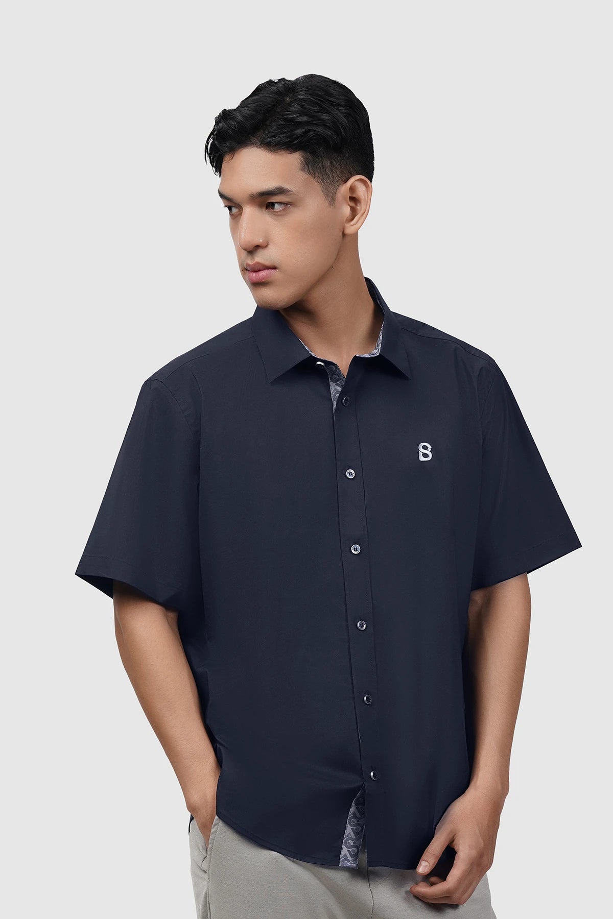 Signature Men Poplin Shirt Short Sleeve - Navy