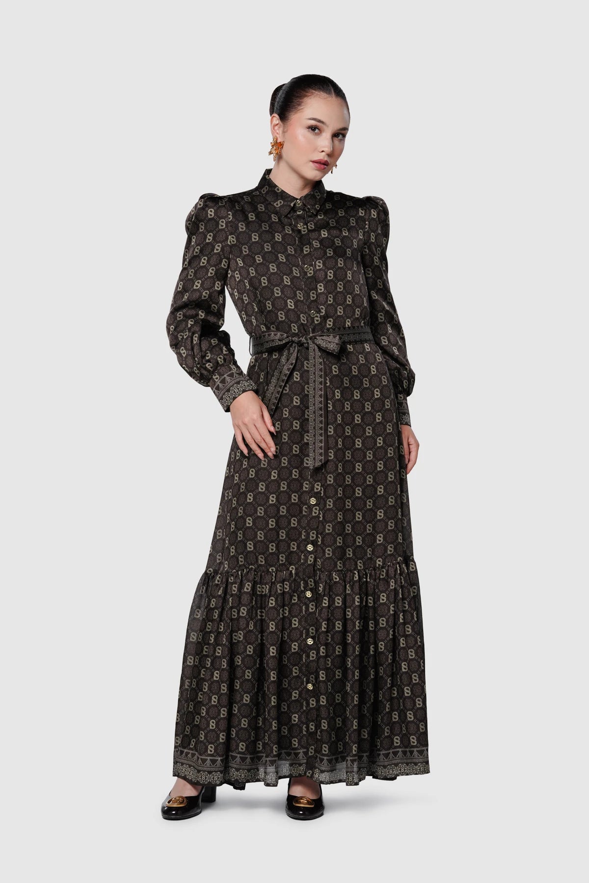 Songket Puff Shirt Dress - Brown