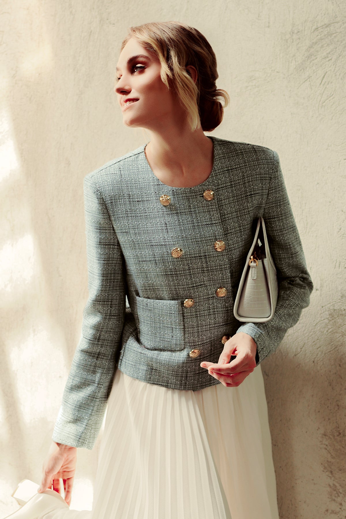Tweed Crop Blazer - Aqua – Buttonscarves