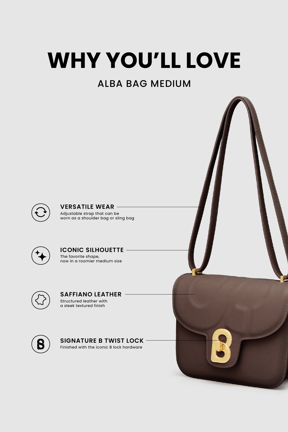 Detail tas shoulder Buttonscarves Alba Bag Medium warna dark cocoa