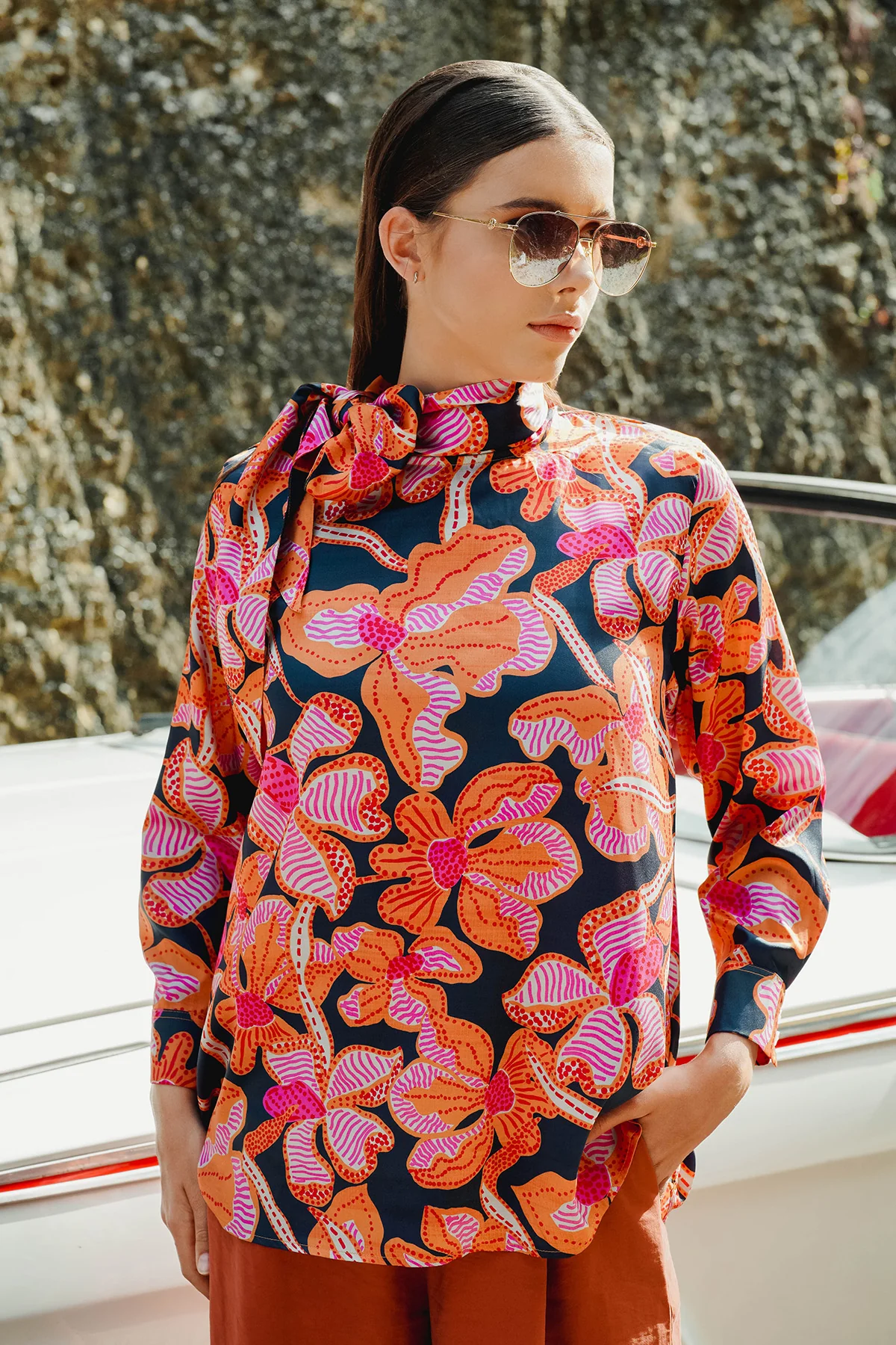 Tropicolors Blouse with Tied Bow - Orange