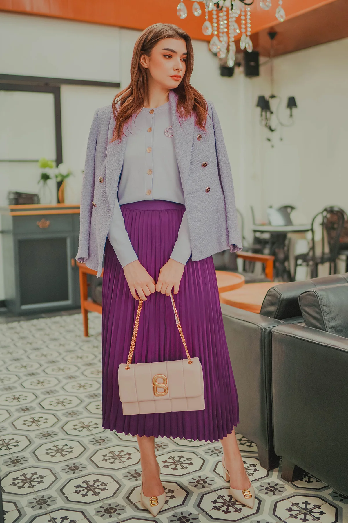 Satin Pleats Skirt - Purple