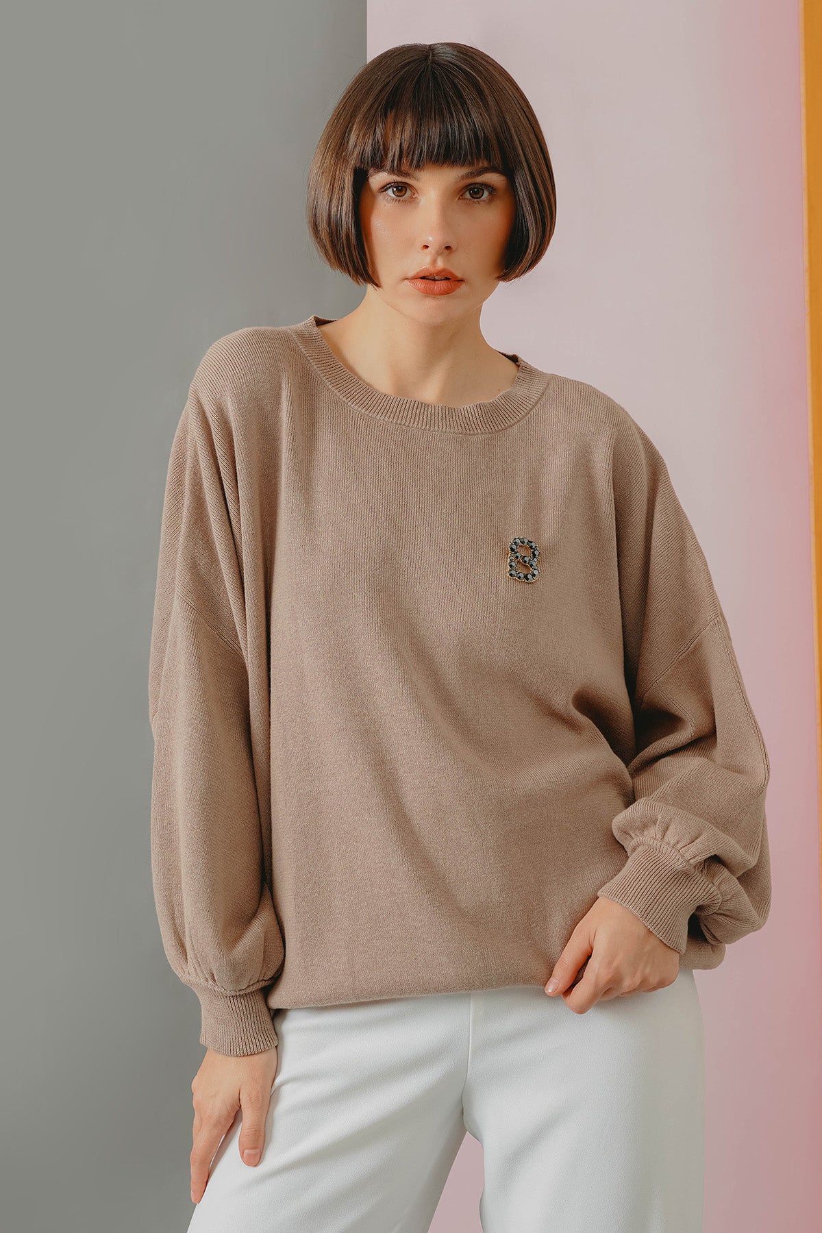 Sweatshirt With Dolman Sleeve - Beige
