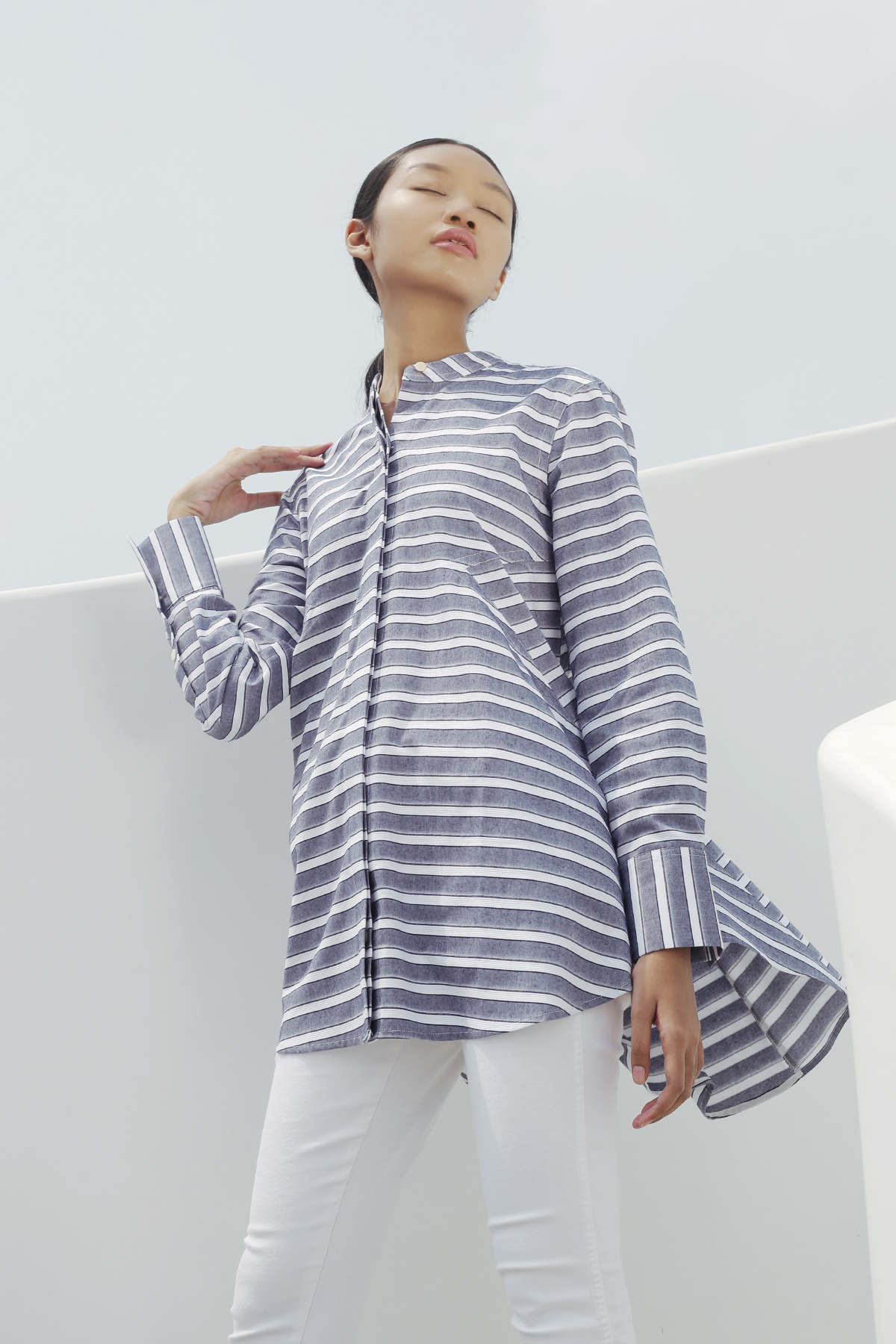 Washed Blue Kylie Striped Shirt with Mandarin Collar
