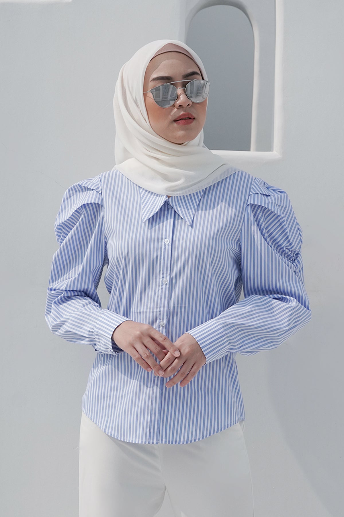 Blue Striped Shirt with Puff Sleeves