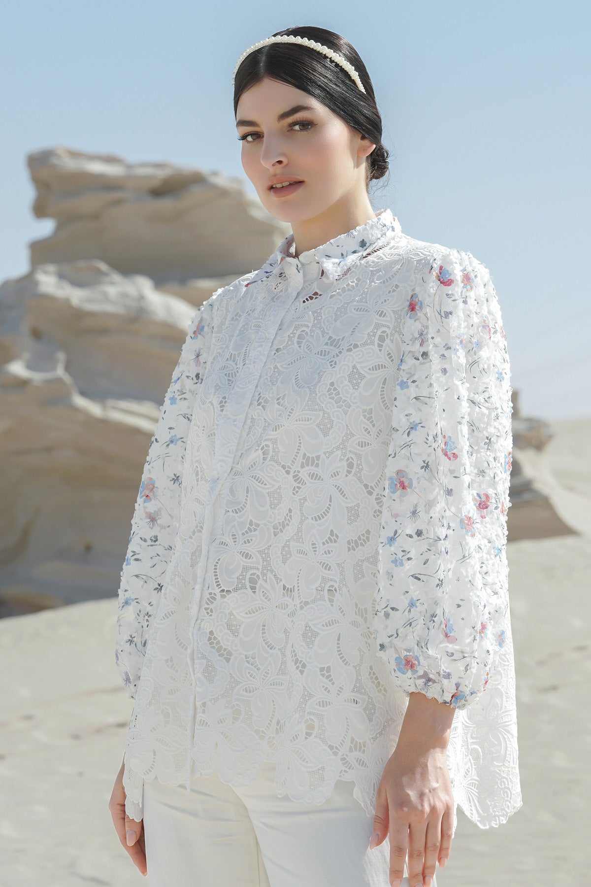 Anzella Embroidery Shirt - White