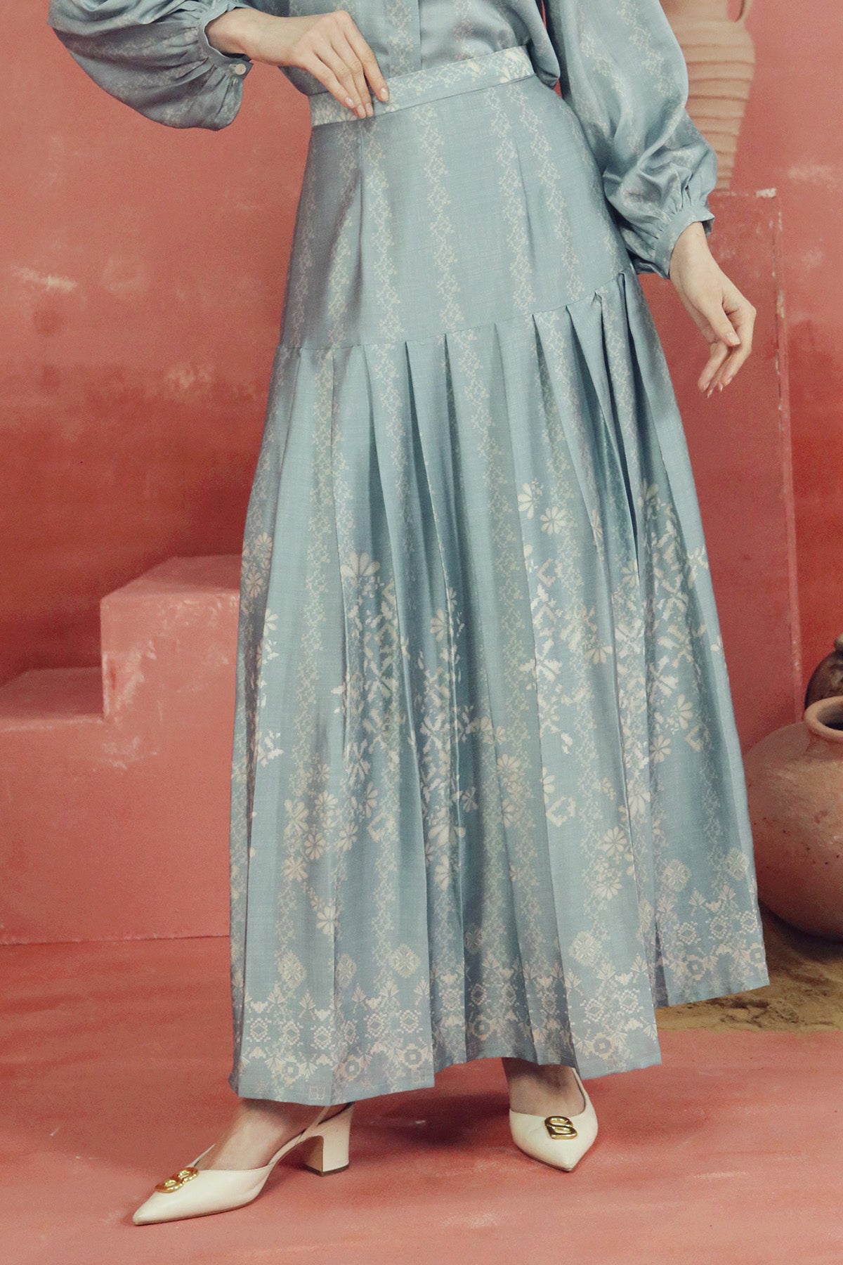 Khanum Satin Pleated Skirt - Misty Blue