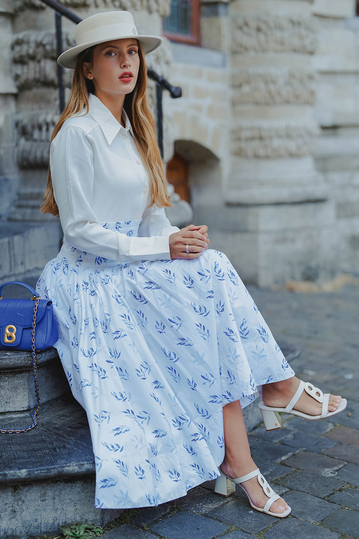 Into The Blue Smock Maxi Cotton Skirt - Blue Leaf
