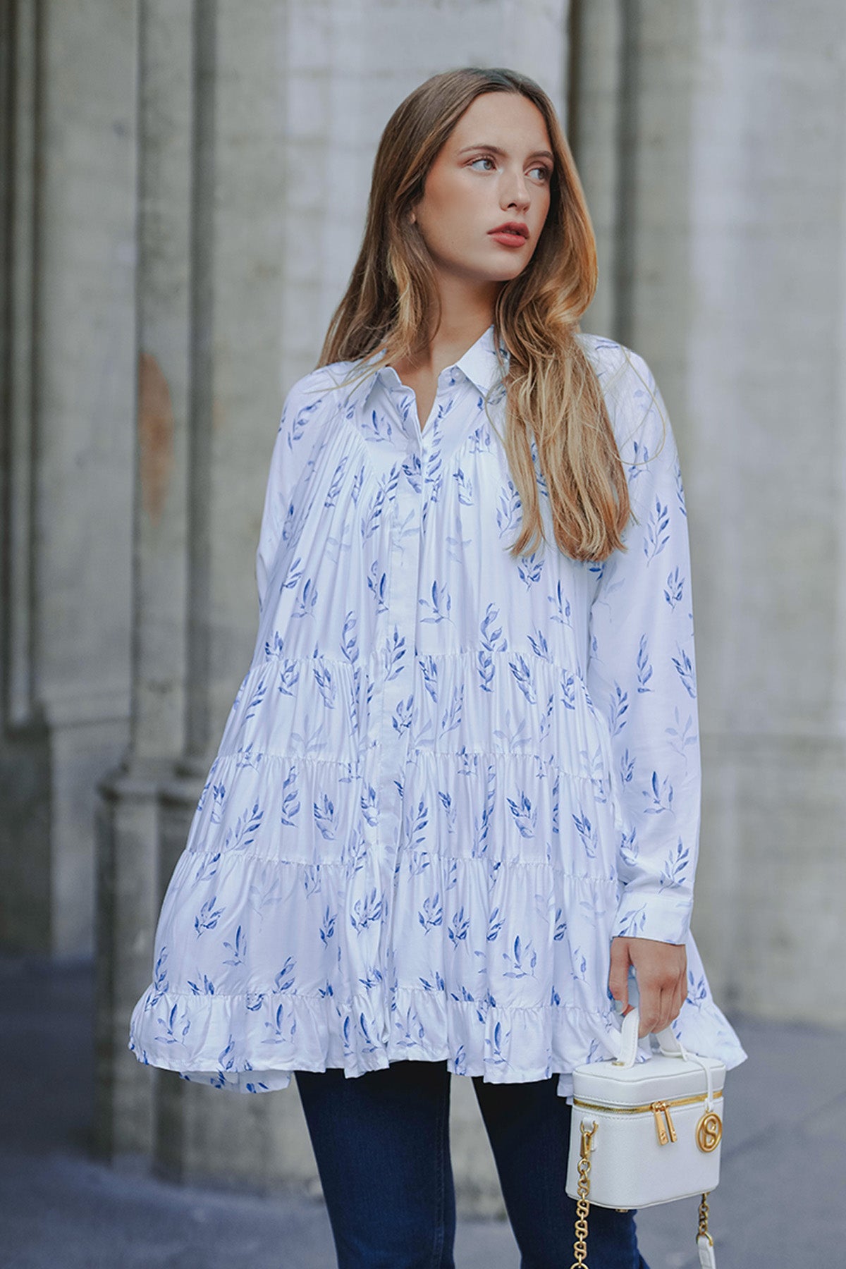 Into The Blue Tiered Satin Shirt - Blue Leaf