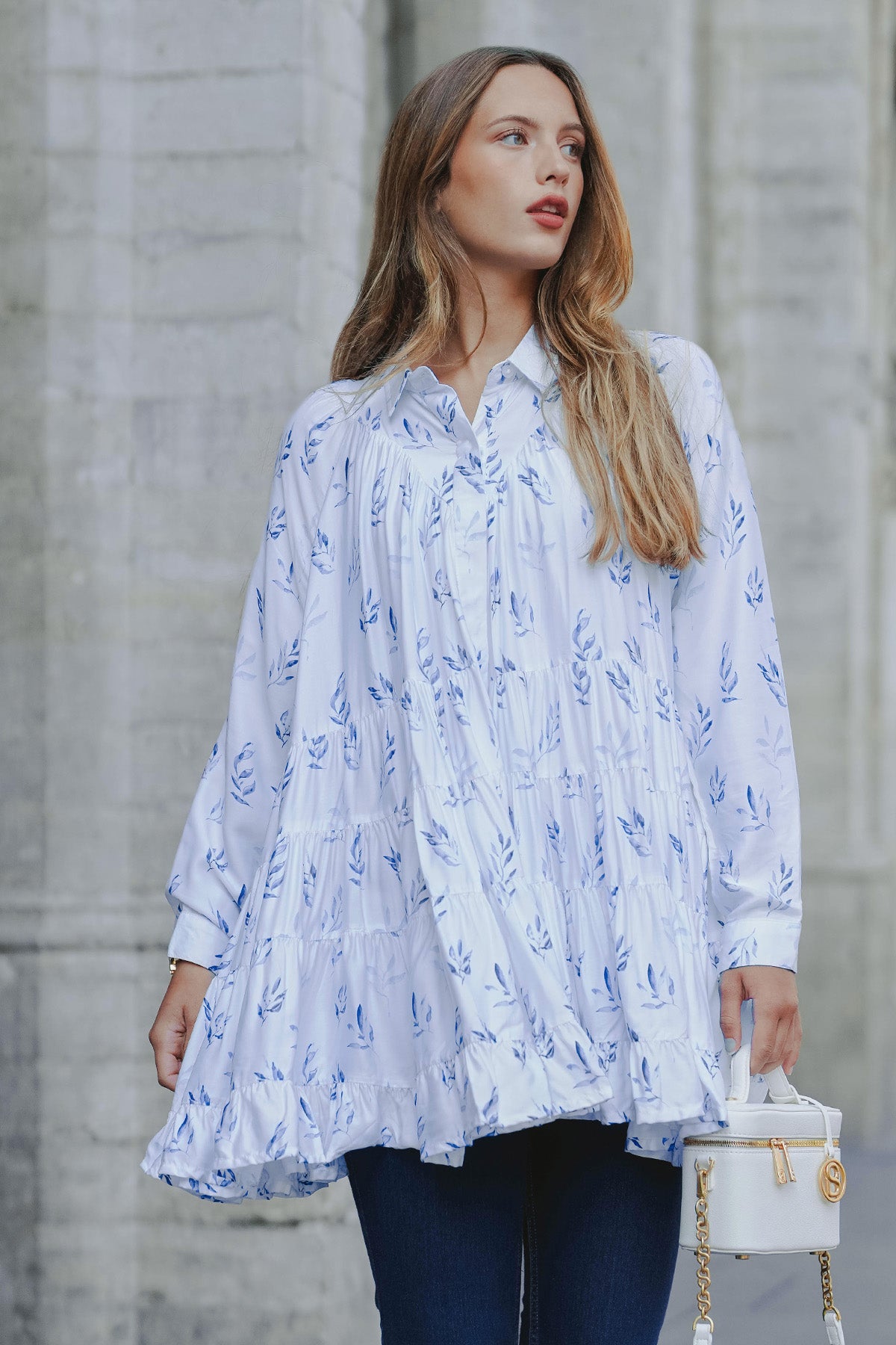 Into The Blue Tiered Satin Shirt - Blue Leaf