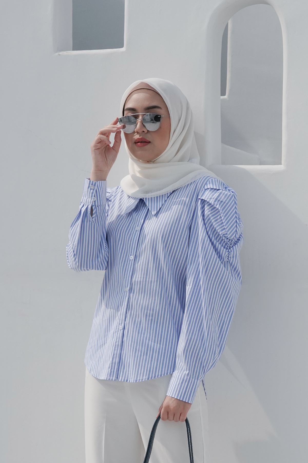 Blue Striped Shirt with Puff Sleeves
