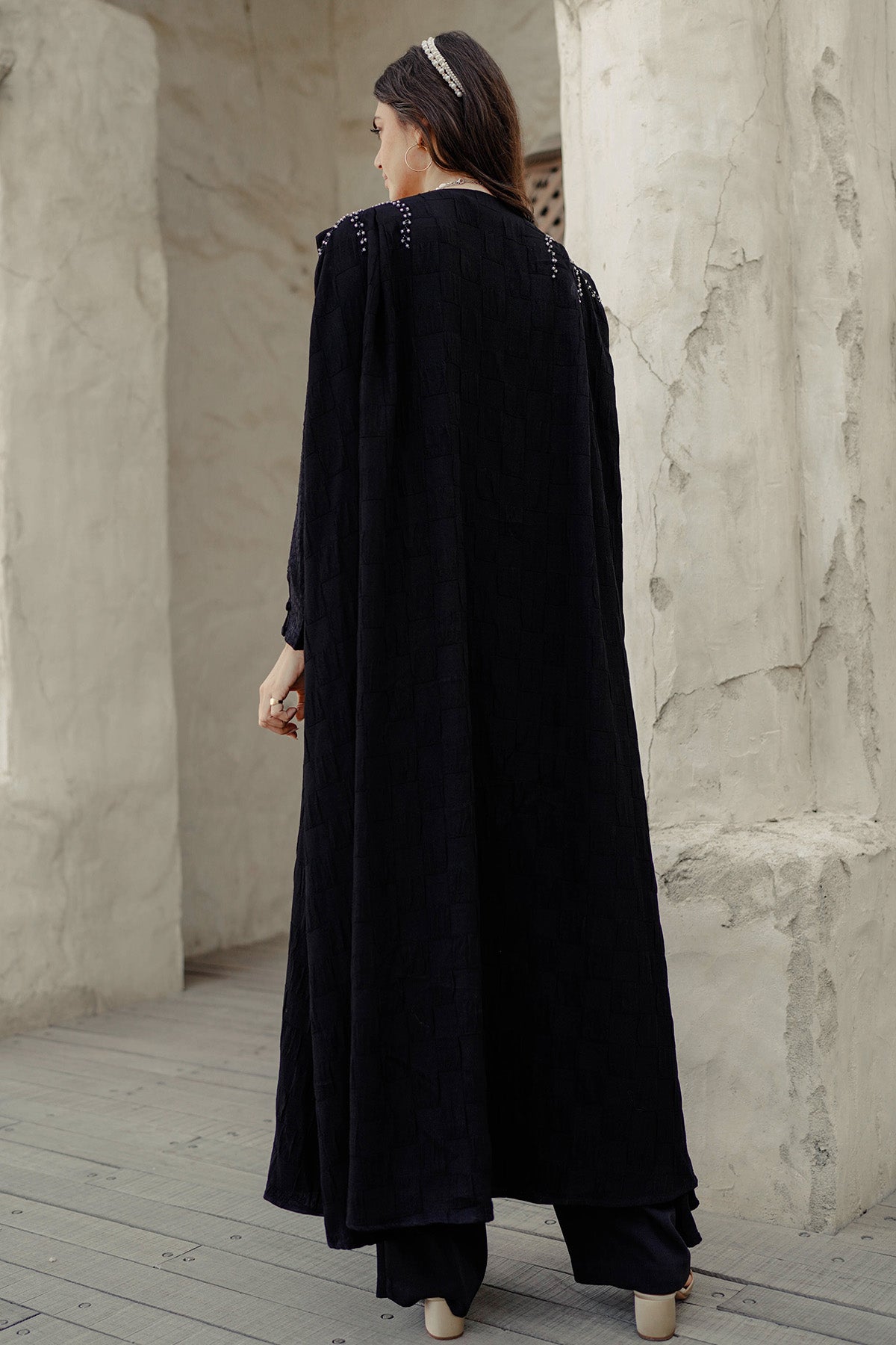 Jameela Beaded Shoulder Abaya - Black